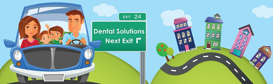 Cartoon family dad, mom, son and daughter in car on roadtrip next to highway sign reading Dental Solutions Next Exit